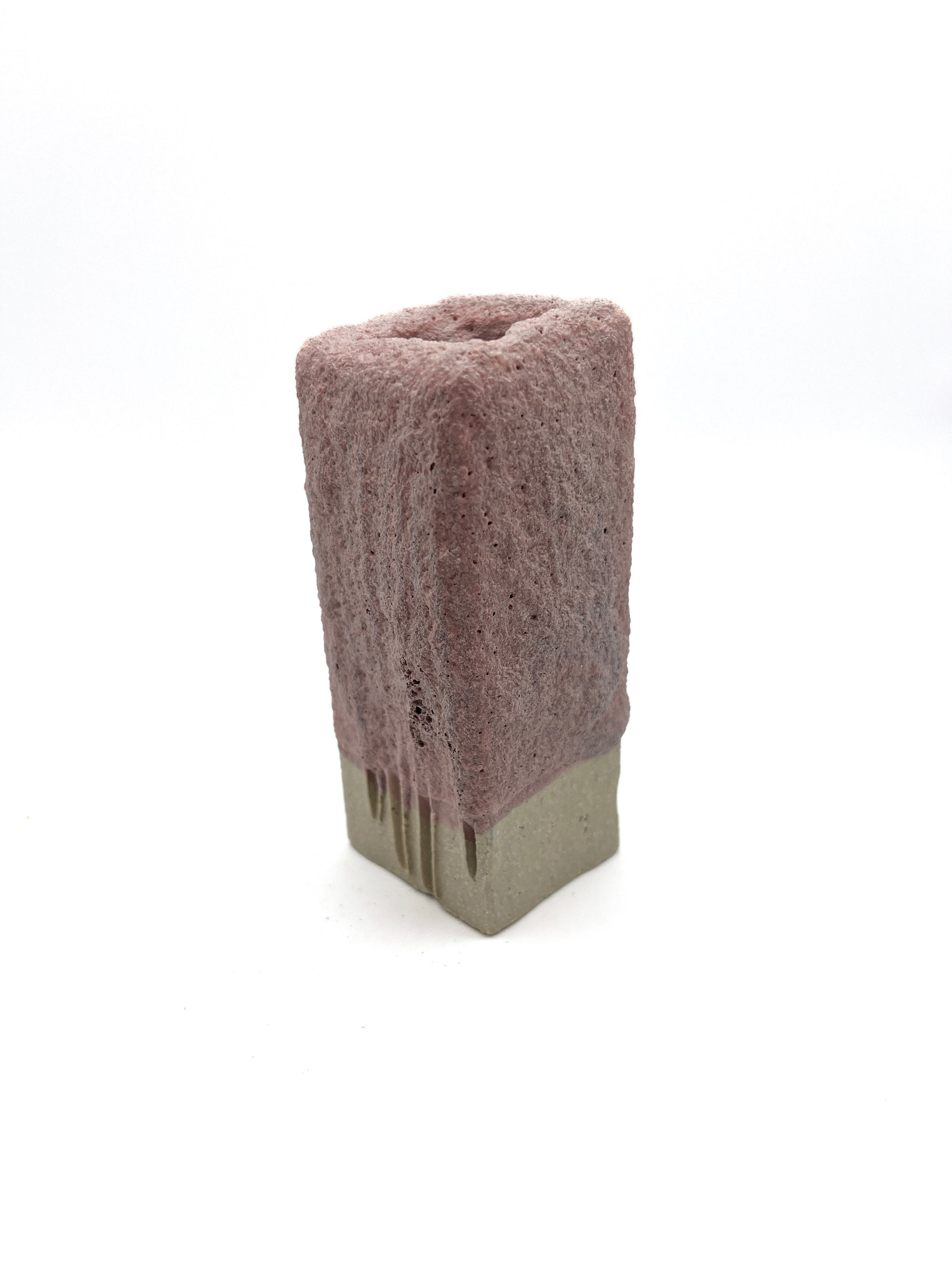 Fired test column for pink mini-puff glaze on light clay. Fuzzy texture when fired to cone 5 or 6.